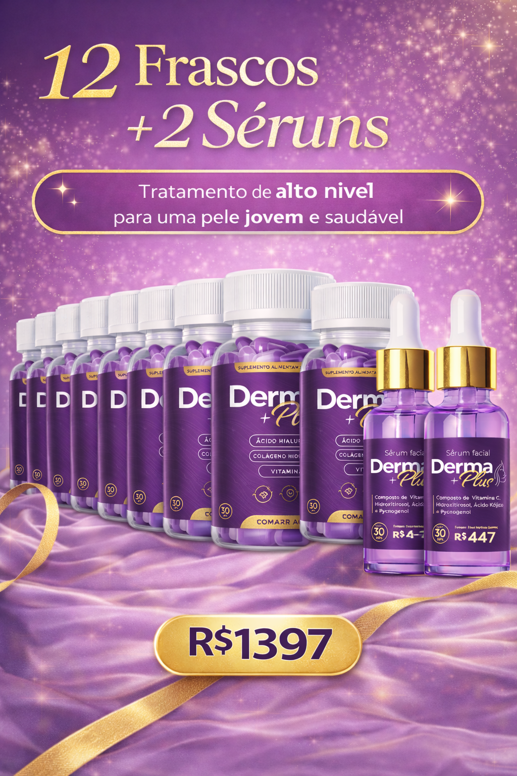 Kit Derma Plus 12 frascos de cápsulas e 2 séruns faciais